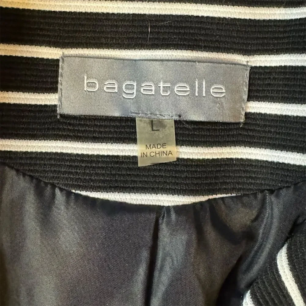 Bagatelle Black/White Striped Moto Jacket Stretch Lined Zip Front Women’s Large